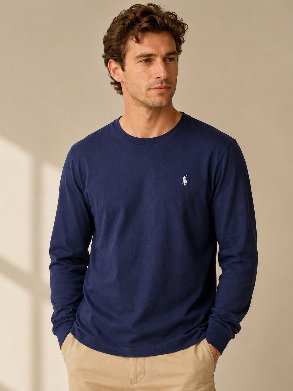 Polo by Ralph Lauren Classic Navy Long-Sleeve Crew Tee Cotton Size Large
